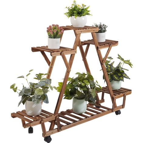 Estantería para Macetas con Ruedas, Soporte Plantas de Madera para Exterior Interior 91 x 25 x 81cm UNHO