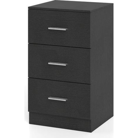 Table de chevet noire 3 tiroirs en bois reconstitué avec kits anti-basculement et patins protecteurs pour chambre et salon (1/5)