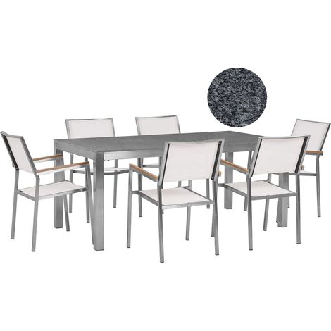 Set da Giardino Tavolo Piano Granito Grigio 6 Sedie Bianche 180 x 90 cm Grosseto