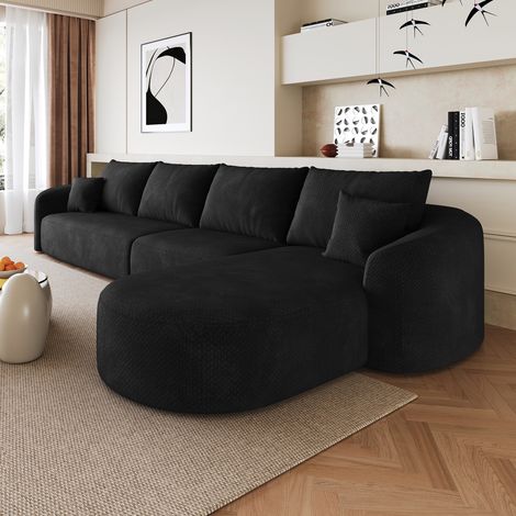 Canapé d'angle courbe droite 4 places en tissu chenille,Compressé sans montage,Canapé design élégant pour grand salon,336x168x85cm,Noir
