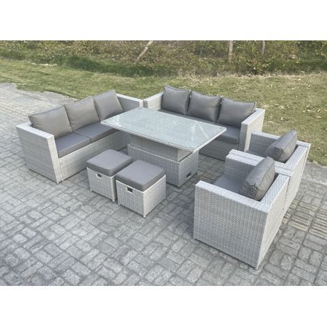 Fimous Rattan Garden Funiture Set Adjustable Rising Lifting Table Sofa Dining Set Lounge Sofa 2 Arm Chair Stool (1/4)