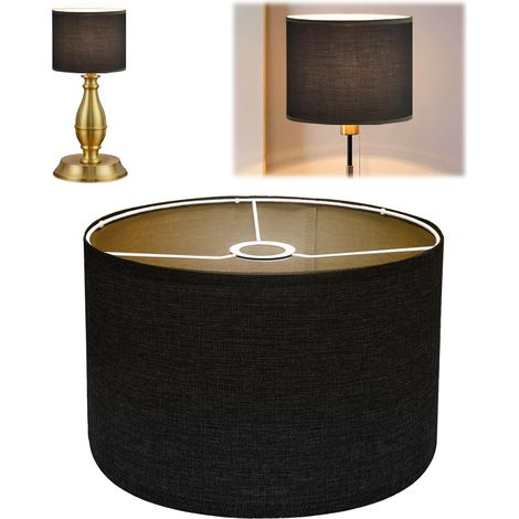 Lampshade on base in linen Ø30cm x H20cm Lampshade Bedside Lamp - Handmade Lampshade for Floor Lamp, Pendant and Table Lamps E27 Socket Non Glare Light - Black (1/5)
