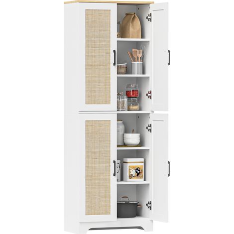 Armario de cocina con estantes ajustables, puertas de ratán y sistema antivuelco, 60x30x170 cm, blanco (1/5)