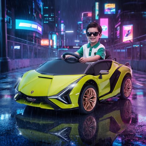 Elektrisches Kinderauto für Kinder von 3 bis 5 Jahren, Lamborghini Sián 12V, Geschwindigkeit 3 bis 5 km/h, mit 2 Motoren, Scheinwerfern, Musik, Fernbedienung, Sicherheitsgurt und Hupe, grün (1/5)