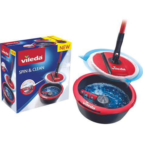 Vileda – Système de lavage des sols avec rouleau rotatif – Chiffon microfibre lavable – Poignée H130cm – Seau avec vidage facile