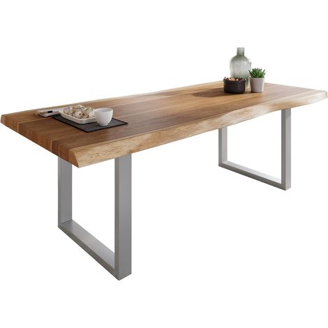 Esstisch Baumkante massiv Akazie Natur 220 x 110 U-Gestell silber ATLAS