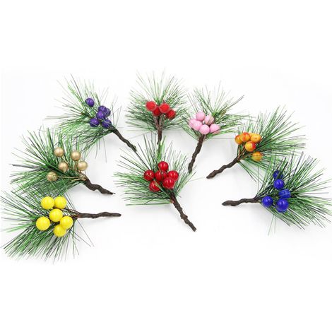 (12-teilig) Grüner, künstlicher Kiefernzweig aus PVC, DIY-Basteldekorationen, Mini-Tannenzweige mit roten und gelben Beeren, Schaumstoffaccessoires, Höhe ca. 12 cm (1/5)