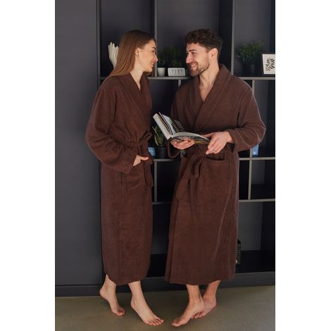 Unisex-Frottee-Bademantel mit Tasche, 100 % Baumwolle, Braun, Größe 3XL (1/5)