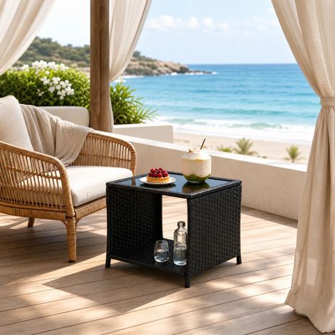 Garten-Beistelltisch aus schwarzem Polyrattan mit Ablage, 45 x 45 x 40 cm HAVRYA (1/5)