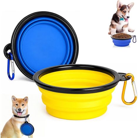 2 x Collapsible Silicone Bowls - 350ml BPA Free with Carabiners - Dishwasher Safe - Ideal for Travel with Dogs and Cats (Yellow (1/5)