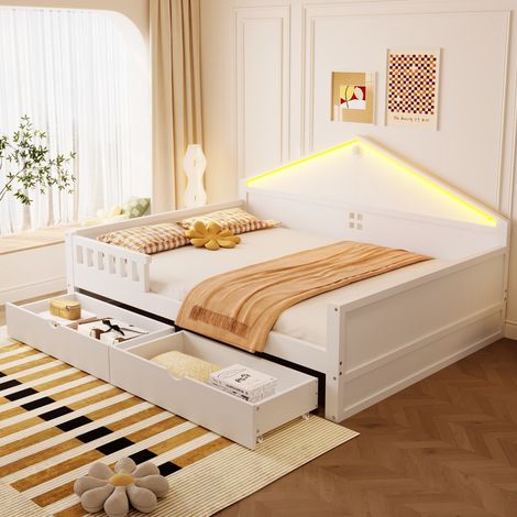 Lit double enfant junior 140x200cm blanc avec bandeau lumineux, tiroirs et sommier à lattes, structure robuste pour chambre d’enfant (sans Matelas) (1/5)