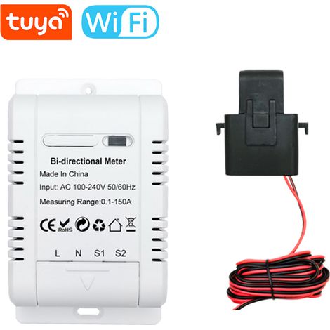 Compteur d'énergie WiFi Tuya monophasé bidirectionnel intelligent pour système solaire photovoltaïque avec capteur de courant à pince 150A surveillance conso production