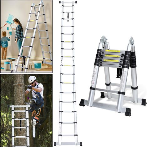 TolleTour Escalera telescópica Pro 5m plateada 150kg, patas antideslizantes