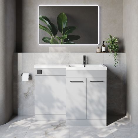 Napoli 460 Gloss Grey Pearl 1100mm 2 Door Vanity Unit Toilet Suite with Right Hand Square Lucia Basin - 1100mm - Matt Black 160mm HandleWithout Kingston Toilet Pan