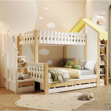 Letto a castello per bambini 90x200 cm e 140x200 cm con scala portaoggetti, sponde di sicurezza e 2 cassetti, senza materassi, bianco (1/5)