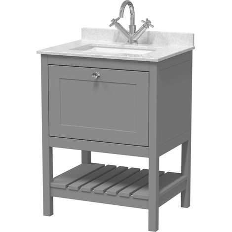 Balterley Coppenhall Bathroom Floor Standing 1 Drawer Vanity & Single Bowl 1 Tap Hole Marble Top, Cool Grey/White, 600mm (1/4)