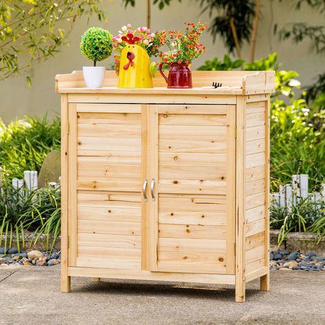 Gartenschrank aus Holz, 2 Türen, Ablagefach, erhöhte Füße, 83 x 40 x 92 cm, Natur
