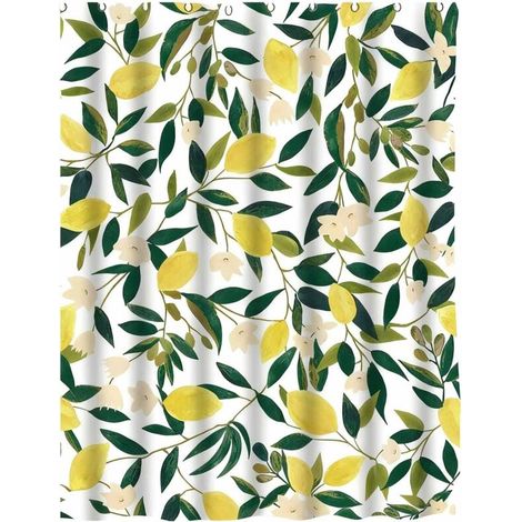 Rideau de -DOUche en tissu imperméable décoré de motifs de citron, de fruits, de feuilles vertes et de plantes, 180 x 180 cm, imperméable, lavable, convient pour une utilisation dans la salle de bain.