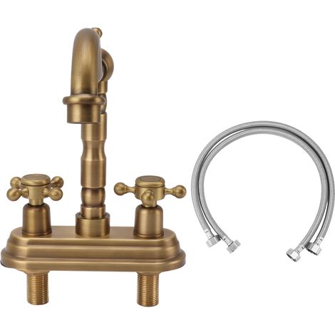 Robinet mitigeur d'évier G1/2 antique à 2 poignées, eau chaude et froide, entièrement en cuivre, pour cuisine et salle de bain, doré, type 2 (1/5)