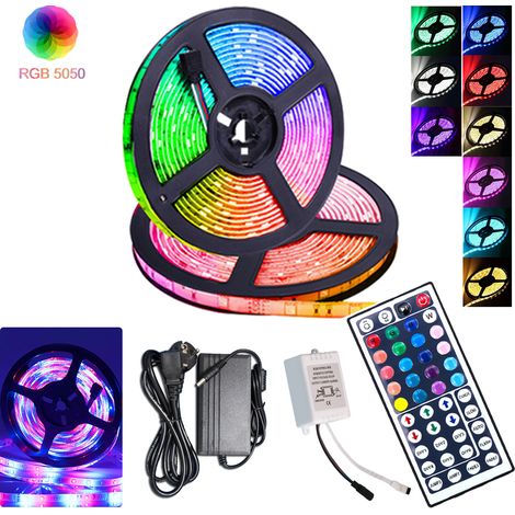 Wolketon 10m ruban LED interieur, guirlande lumineuse auto-adhésive, dimmable, 300 LEDs(2x5m), changements de couleurs, livré avec télécommande à 44 touches