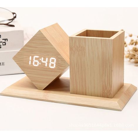 Wood-look digital alarm clock, 12/24-hour weekday display, date display, 3 alarm times with pen holder (1/4)