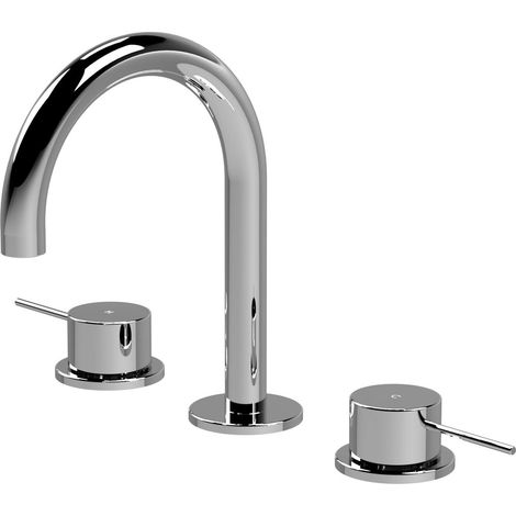 Penkhull Contemporary 3 Tap Hole Basin Mixer Tap with Curved Spout and Minimalist Lever Handles, Chrome (1/2)