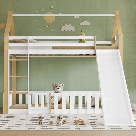 Lit superposé pour enfant 90x200cm avec toboggan, clôturé, échelle, blanc + naturel (1/5)