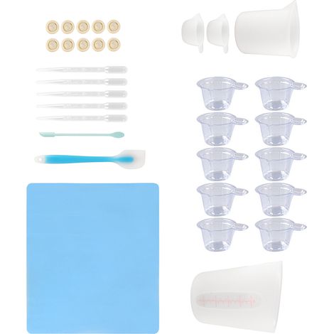 Kit de Mélange Résine Époxy 32 Pièces, Tasse de Mesure en Silicone, Spatules, Gants à Doigts, Pipettes pour Artisanat, Bleu (1/5)