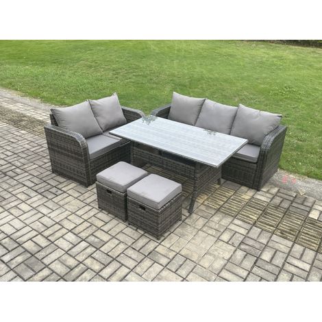 Fimous Outdoor Garden Patio Furniture Wicker Rattan Oblong Rectangular Dining Table and Lounge Sofa set with 2 Small Footstools Dark Grey Mixed (1/5)