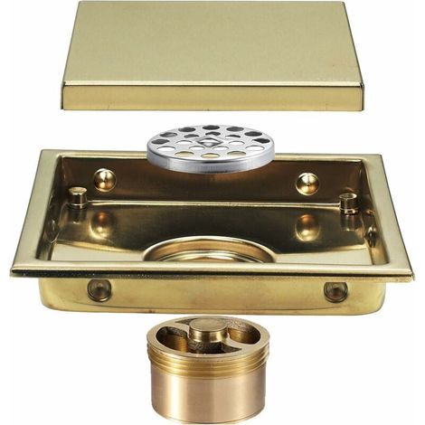 Drain De Douche - Caniveau Carré 15x15 Cm - Acier Inoxydable - Siphon Au Sol Avec Couvercle Et Noyau Désodorisant En Laiton - Finition Or Brossé - 1 Pièce (1/5)