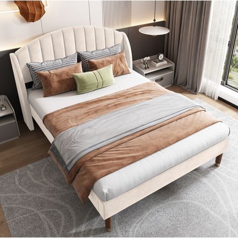 MEUBLIV Lit capitonné 160 x 200 cm en velours beige avec tête de lit rembourrée et sommier à lattes en bois structure stable montage facile (1/5)