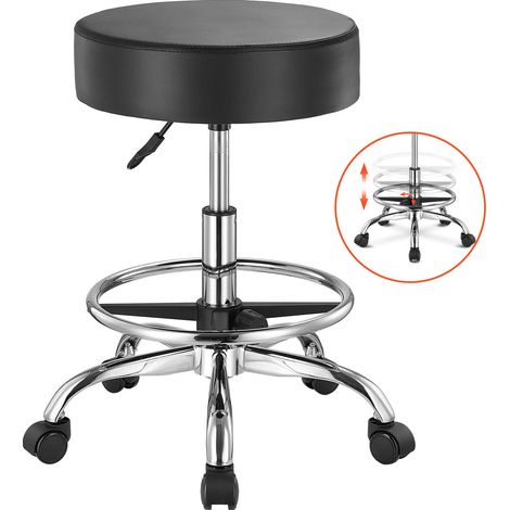 Rollhocker mit Fußring, runder Sitzfläche aus schwarzem PU-Kunstleder, Sitzhöhe 55,1–71,1 cm, bis 204 kg, für Salon und Spa (1/5)