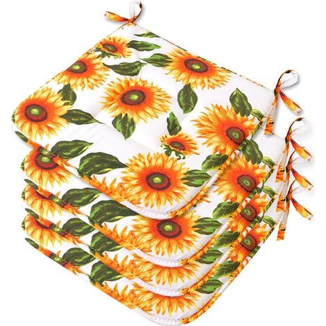 Set 4 Cuscini Sedia Cotone Con Lacci Lavabili Morbidi Universali Copri Sedie Cucina Girasoli - Bianco