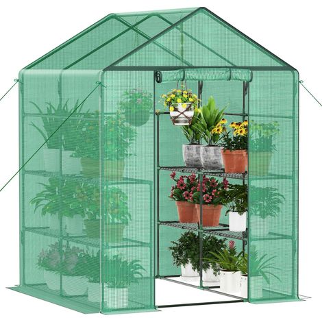 Serre en film plastique avec porte enroulable, serre à tomates 143 x 195 x 143 cm, 4 étagères, résistante à l'hiver, film grillagé en polyéthylène, abri de jardin pour plantes, légumes, fleurs (1/5)