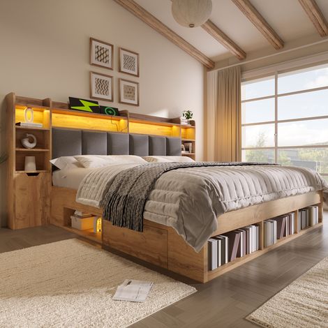Lit double 160 x 200 cm effet chêne avec tête de lit rembourrée LED, chevets mobiles USB Type-C, tiroirs sur roulettes et lattes bois (1/5)