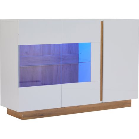 Aparador blanco brillo con puertas de vidrio y LED HOMVRA 138 x 38 x 90,5 cm (1/5)