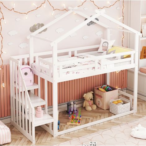 Etagenbett Kinder 90x200 cm, Massivholz weiß, mit Sicherheitsleiter und Lattenrost (1/5)