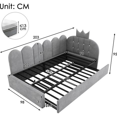 Canapé-lit gigogne 90 x 200 cm, lit d'appoint simple 90 x 190 cm, forme en L, velours gris, motif à croisillons, design mignon et élégant, gain de place pour chambres d'enfants ou chambres d'amis, mat (1/4)