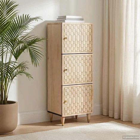 Buffet haut 40 x 33 x 110 cm en bois de manguier massif, portes sculptées - PANGIVO (1/5)