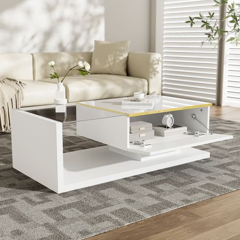 Table basse 100x50x32.5 cm avec un plateau brillant orné de verre et d'effets LED fabriquée en panneaux de particules blanc (1/5)