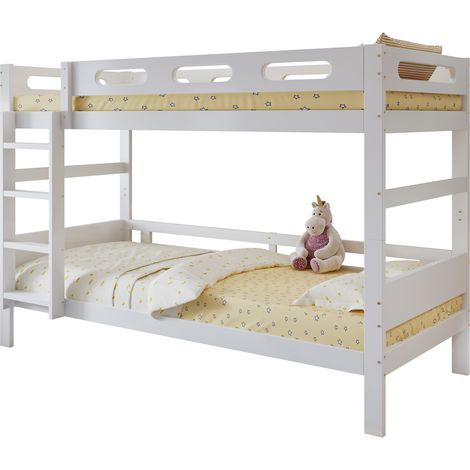 Lit superposé enfant 90x200 cm en bois blanc avec échelle et barrière de sécurité, sommier à lattes stable, gain de place pour petite chambre - CHICFURN (1/5)
