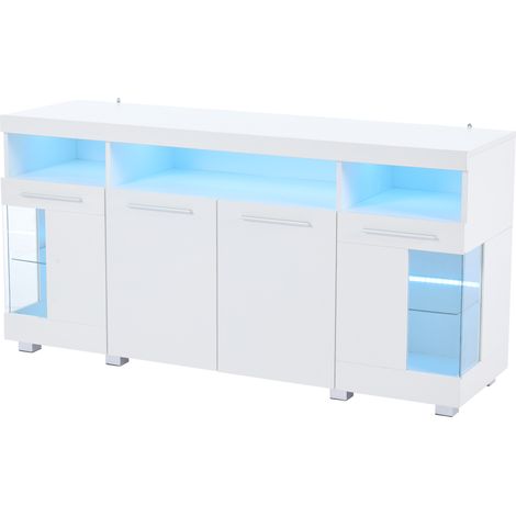 Wohnzimmer-Kommode 140 x 40 x 70 cm, weiß hochglänzend, LED und Türen aus gehärtetem Glas (1/5)