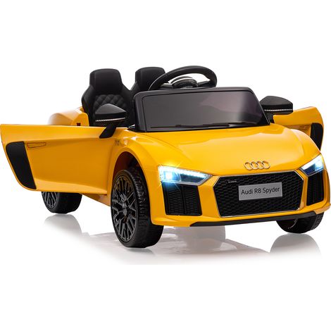 GARVEE Kinder Elektroauto Audi R8 Spyder 12V lizenziert, 2.4G Fernsteuerung, 2x Motor, LED Scheinwerfer, Musik & Hupe, Safety Gurt & Federung, für 3-8 Jahre, Gelb (1/5)