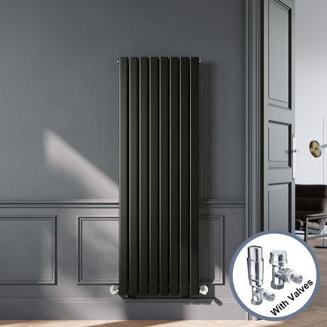ELEGANT Black Designer Vertical Radiator Single Panel Rads 1600 x 544mm with Chrome Angled Thermostatic Radiator Valves (1/5)