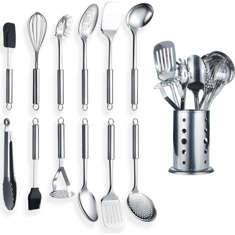 Ustensile de Cuisine en Acier Inoxydable 12 pièces avec 1 Support, cuillère de Cuisine, ustensiles de Cuisine (13 pièces)