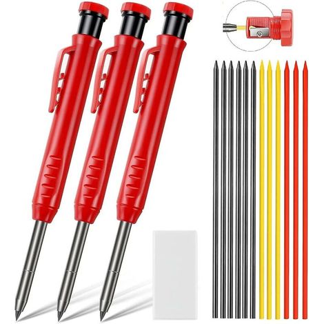 VURAHOME - Crayon de chantier extensible robuste, crayon de charpentier avec 6 recharges et gomme, crayon mécanique, taille-crayon intégré, marque de menuiserie (1/2)