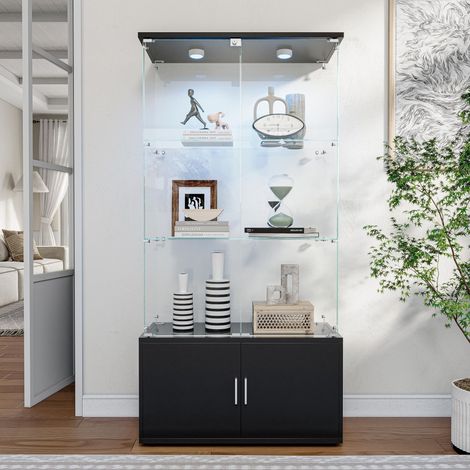 Vitrine en verre avec LED éclairage, 3 niveaux, bibliothèque de collection et grand espace de rangement. Idéale pour les collections, les salons ou les bureaux - Noir