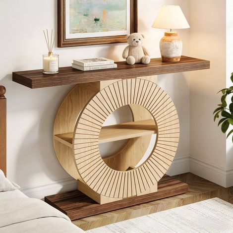 Table console en bois avec base ronde et étagère de rangement, marron (1/5)