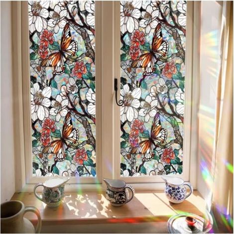 Film adhésif pour vitres à motif floral, effet vitrail, arc-en-ciel, anti-UV et statique (papillon) - 1 pièce (1/4)