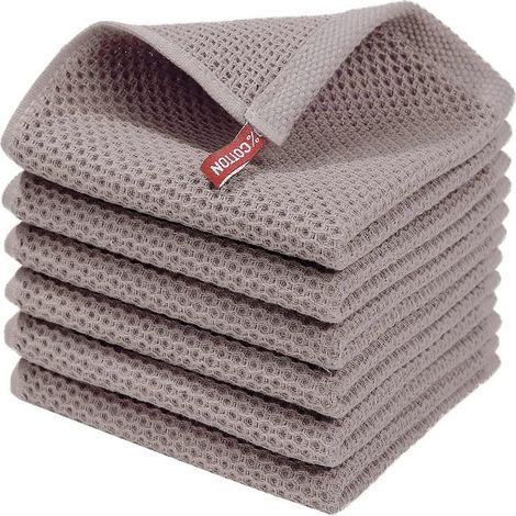 Lot de 6 torchons de cuisine 34x34cm en coton gaufré, séchage rapide et absorbants, avec cintre, couleur expresso
